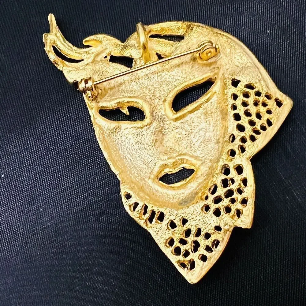 Vintage Lady Face Mask Gold Brooch Necklace Pendant Pin Art Deco Rhinestone 4089